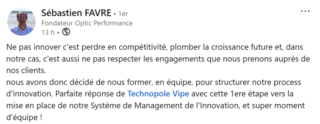 Témoignage Sébastien Favre Seminaire Innovation Vipe
